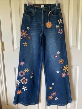 Women’s DRIFTWOOD Carlie Wide Leg Dark Blue Floral Embroidered Jeans Size 6
